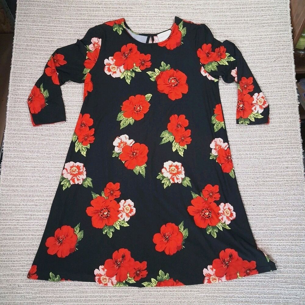 ​Bobbie Brooks Dress Womens Small S Black Red Floral Shift 3/4 Sleeve Keyhole
